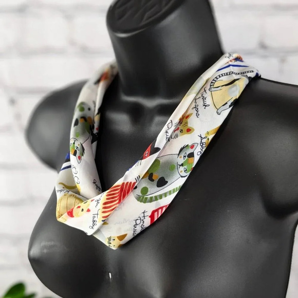 Assorted colorful whimsical cats on white background with gold trim scarf - Picture 2 of 11